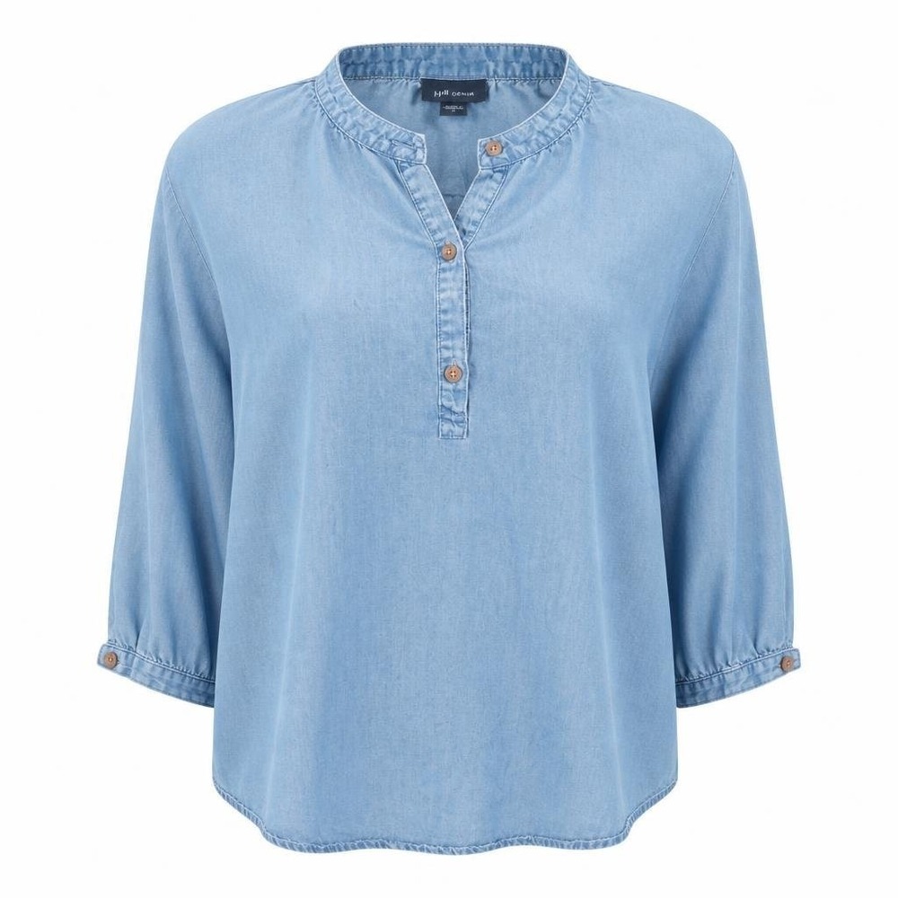 J Jill Denim Popover Blouse Womens L Blue 3/4 Sleeve Henley Coastal Lagenlook
